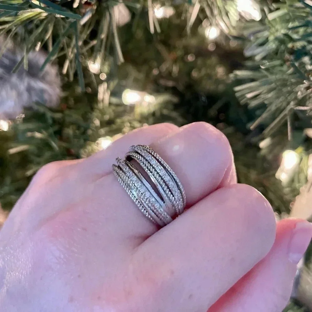 NEW Luxury Multilayered Silver Zircon Ring